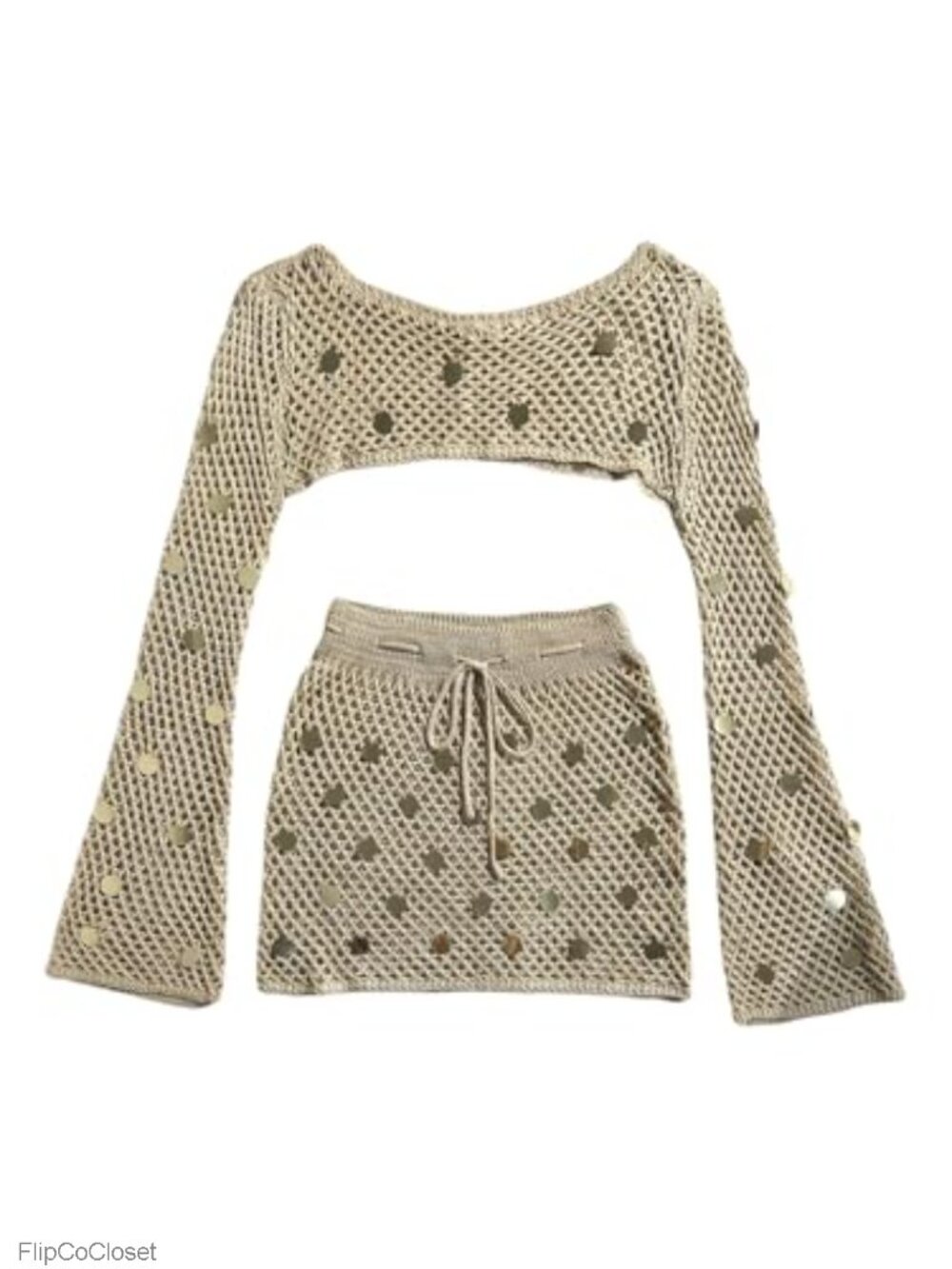 Crochet Sequin Bell Sleeve Cover Up Top & Bodycon Skirt Set Beach Swimwear